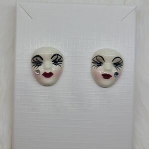 Vintage Fancy Faces Hand Painted Porcelian Mardi Gras Mask Stud Earrings